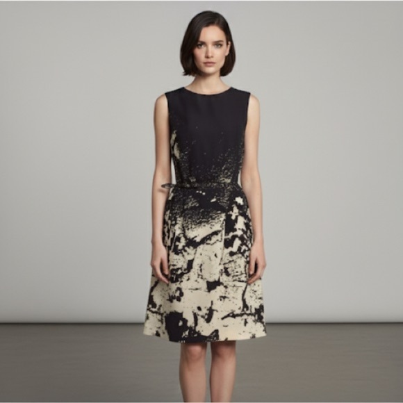Oscar de la Renta black & cream belted silk sheath dress - size Large (L) - Picture 1 of 4